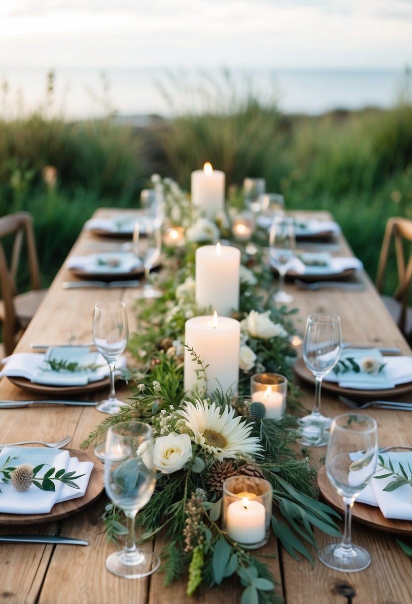 A wooden table adorned with wildflowers, candles, and natural greenery, creating a rustic and romantic wedding centerpiece