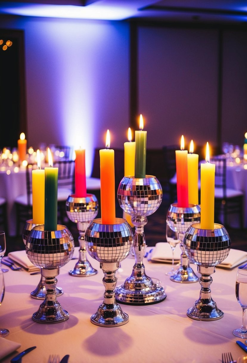 Colorful candles sit in disco ball holders atop a wedding reception table, casting shimmering light across the room