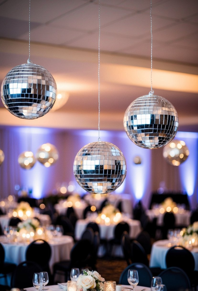 Mini disco balls hang above wedding tables, reflecting light and adding a festive touch to the reception decor