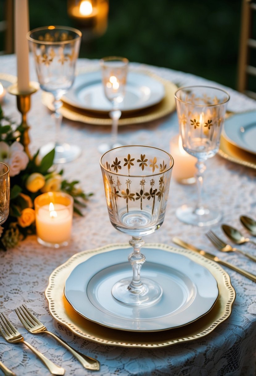 Elegant glassware with delicate gold accents arranged on a lace tablecloth, surrounded by flickering candlelight and fresh flowers