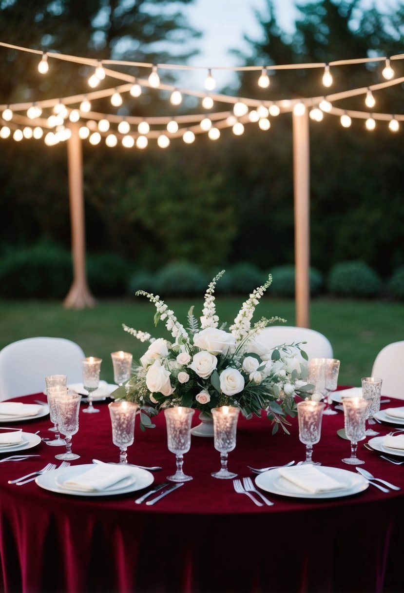 A round table covered in deep red velvet tablecloth, adorned with delicate white floral centerpieces and flickering candlelight