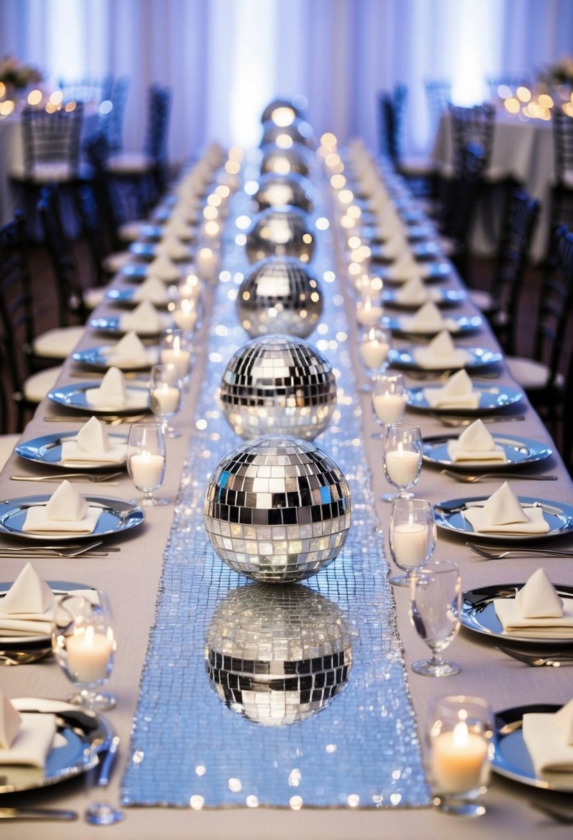 A long silver table adorned with a shimmering disco ball table runner, reflecting light and creating a festive atmosphere for a disco ball-themed wedding celebration