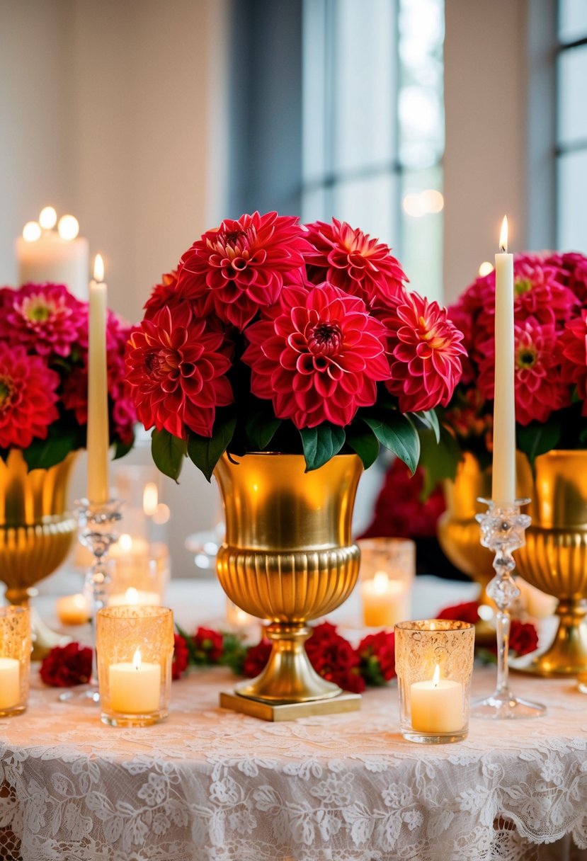 Lush red dahlias arranged in gold-trimmed vases on a lace-covered table, surrounded by flickering candles and delicate crystal glassware