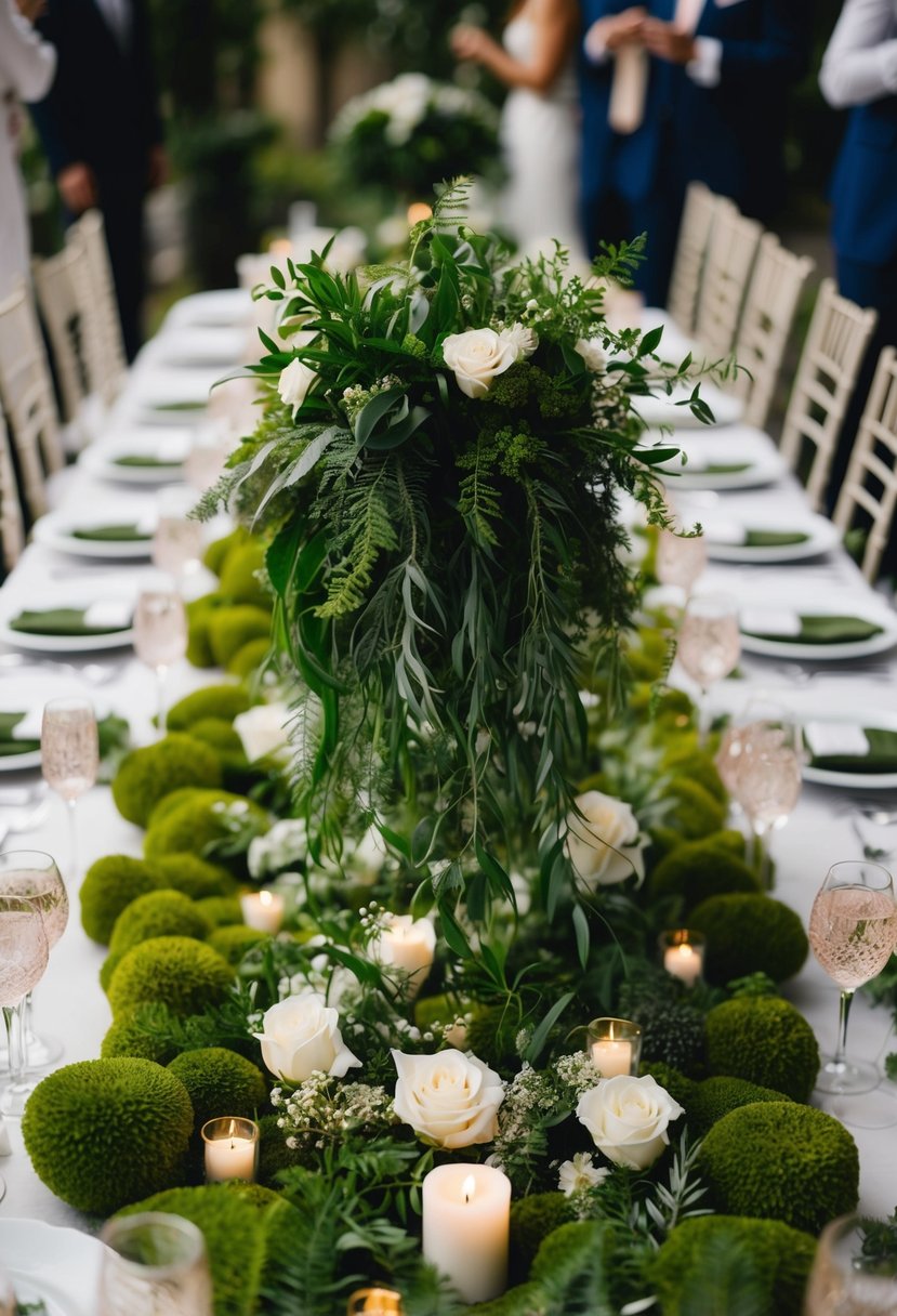 Lush greenery cascades from the center of the table, surrounded by delicate flowers and moss, creating a forest-like ambiance for a romantic wedding celebration