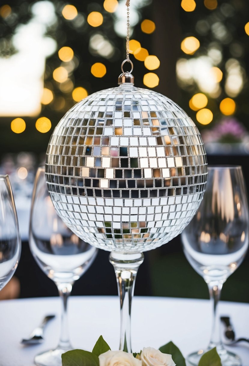 Disco ball wine glass charms sparkle on wedding tables