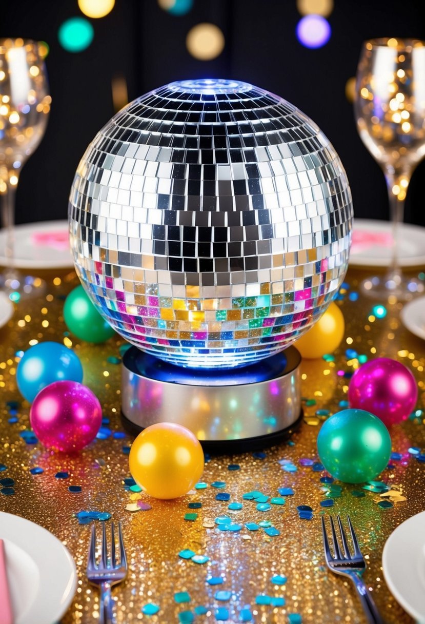 A round disco ball table centerpiece with LED lights, surrounded by sparkling confetti and colorful party favors