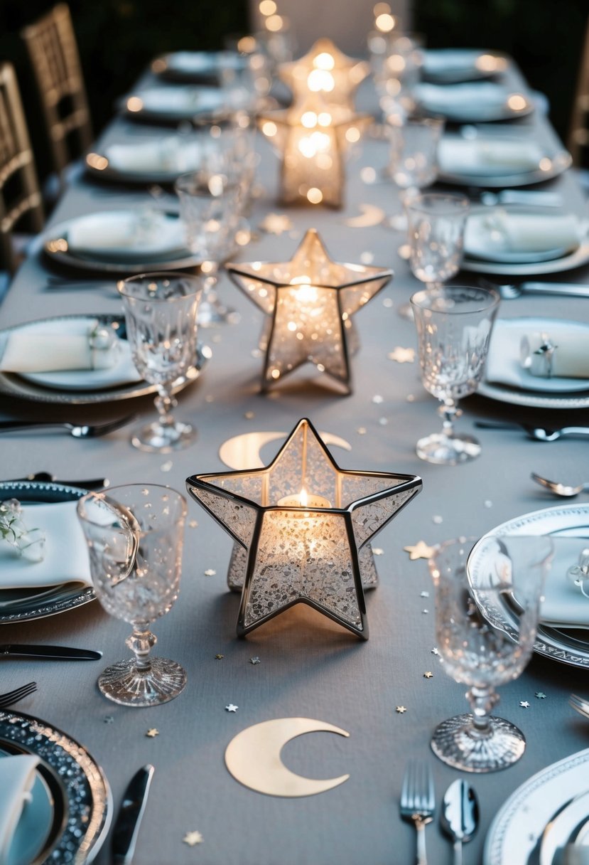 A table adorned with glistening star-shaped candle holders, shimmering silver tableware, and delicate moon and star motifs on the tablecloth