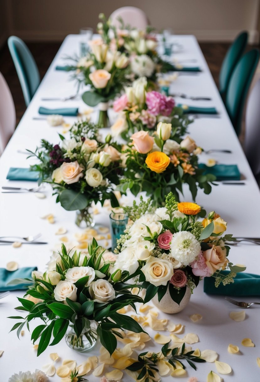 A table adorned with various bridal bouquets in different styles and colors, surrounded by scattered flower petals and greenery