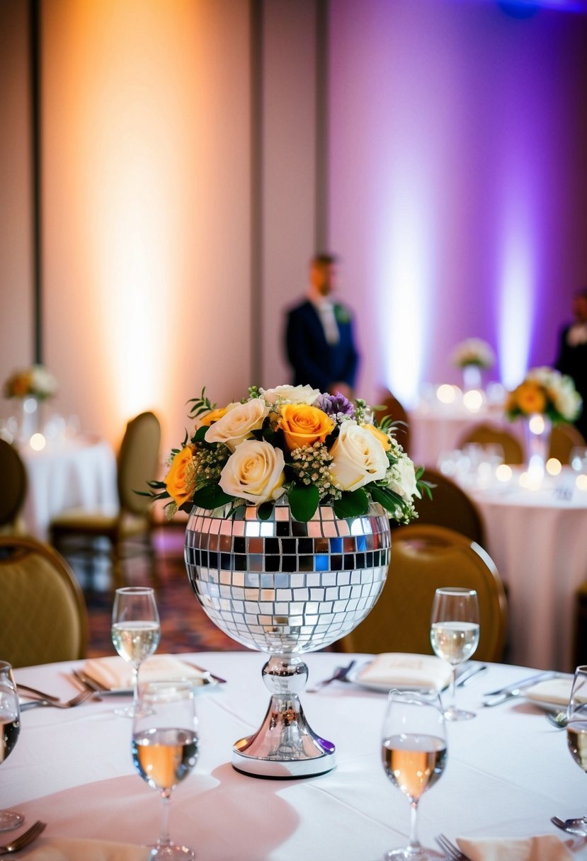 A disco ball flower vase topper shines on a wedding table, reflecting colorful light across the room