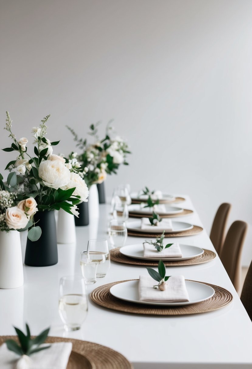 A sleek white table adorned with simple, elegant floral arrangements and modern, minimalist tableware