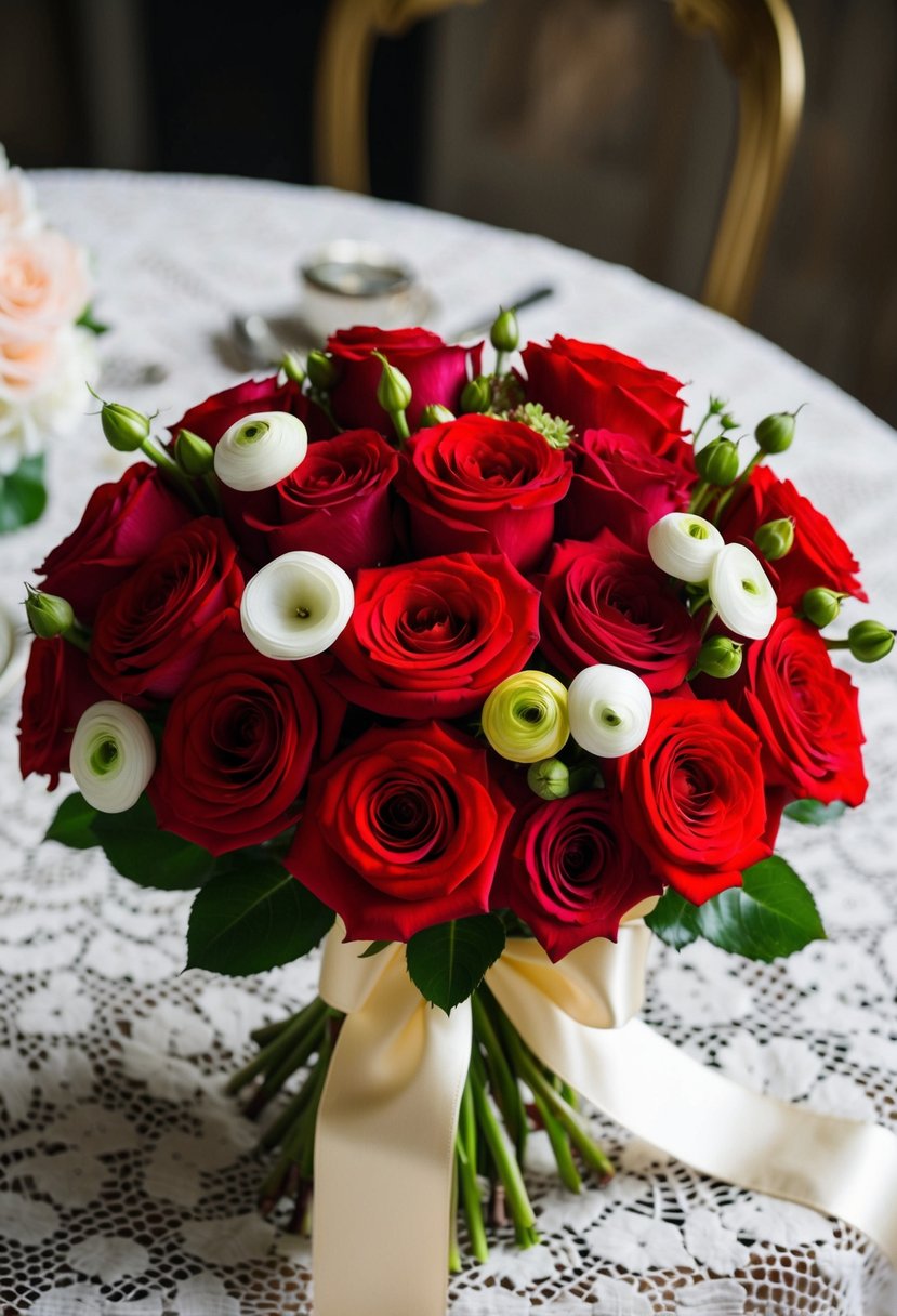 A lush bouquet of red roses and delicate ranunculus, tied with a satin ribbon, sits on a vintage lace tablecloth