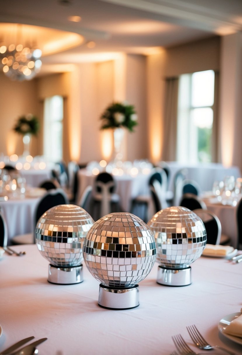 Mini disco balls placed on wedding reception tables, reflecting light and adding a festive touch to the decor