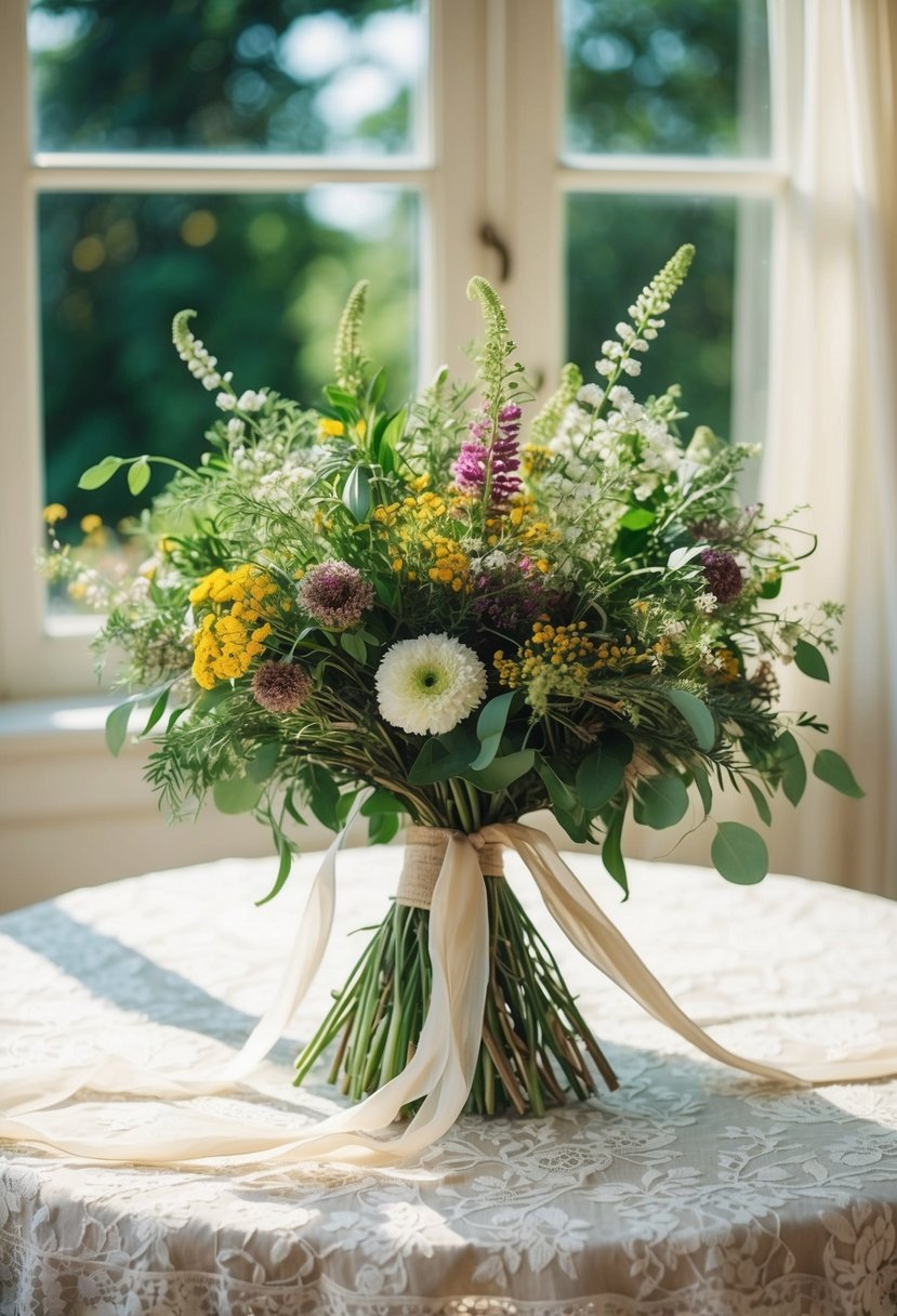 A lush bouquet of wildflowers and greenery, tied with flowing ribbons, rests on a vintage lace tablecloth. Sunshine filters through a window, casting a warm glow on the scene