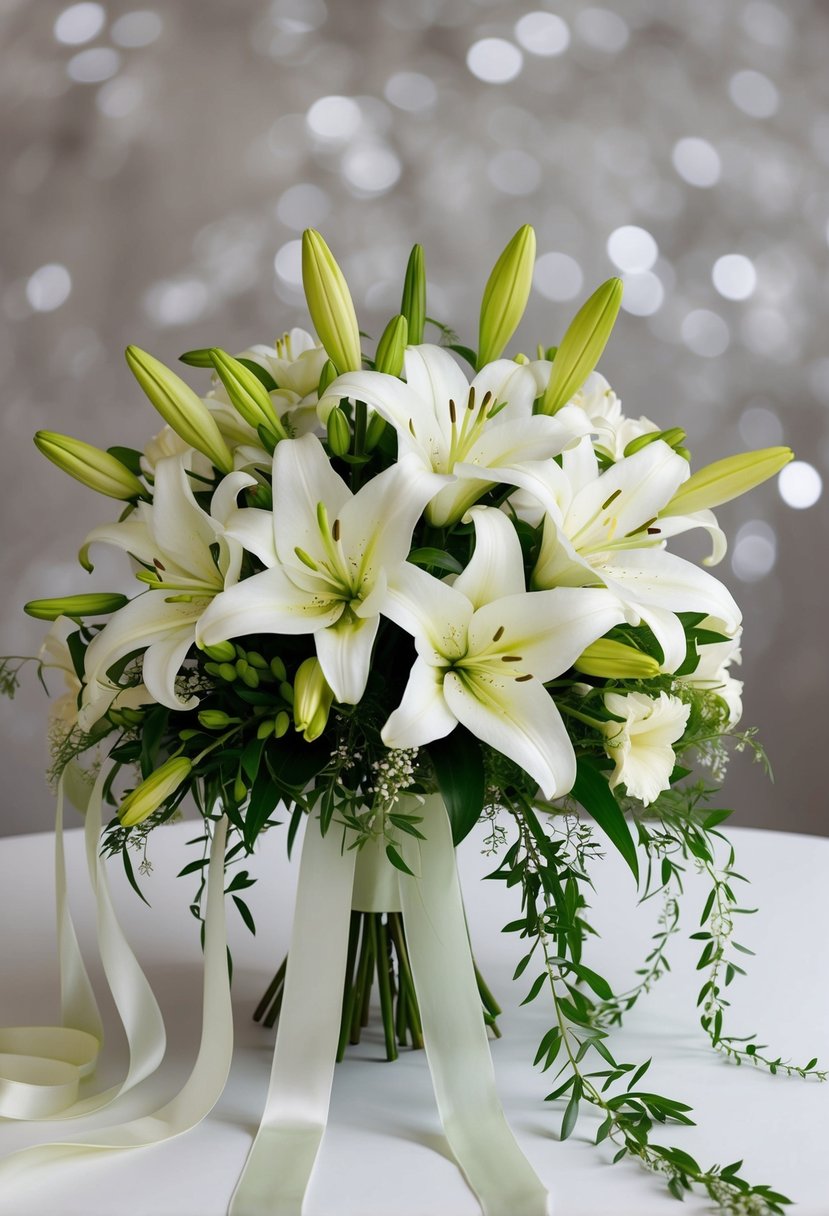 A pristine bouquet of classic white lilies, arranged in a cascading style with delicate greenery and long, flowing ribbons