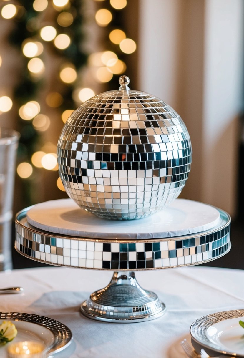 A disco ball dessert stand sits on a table with disco ball wedding decorations