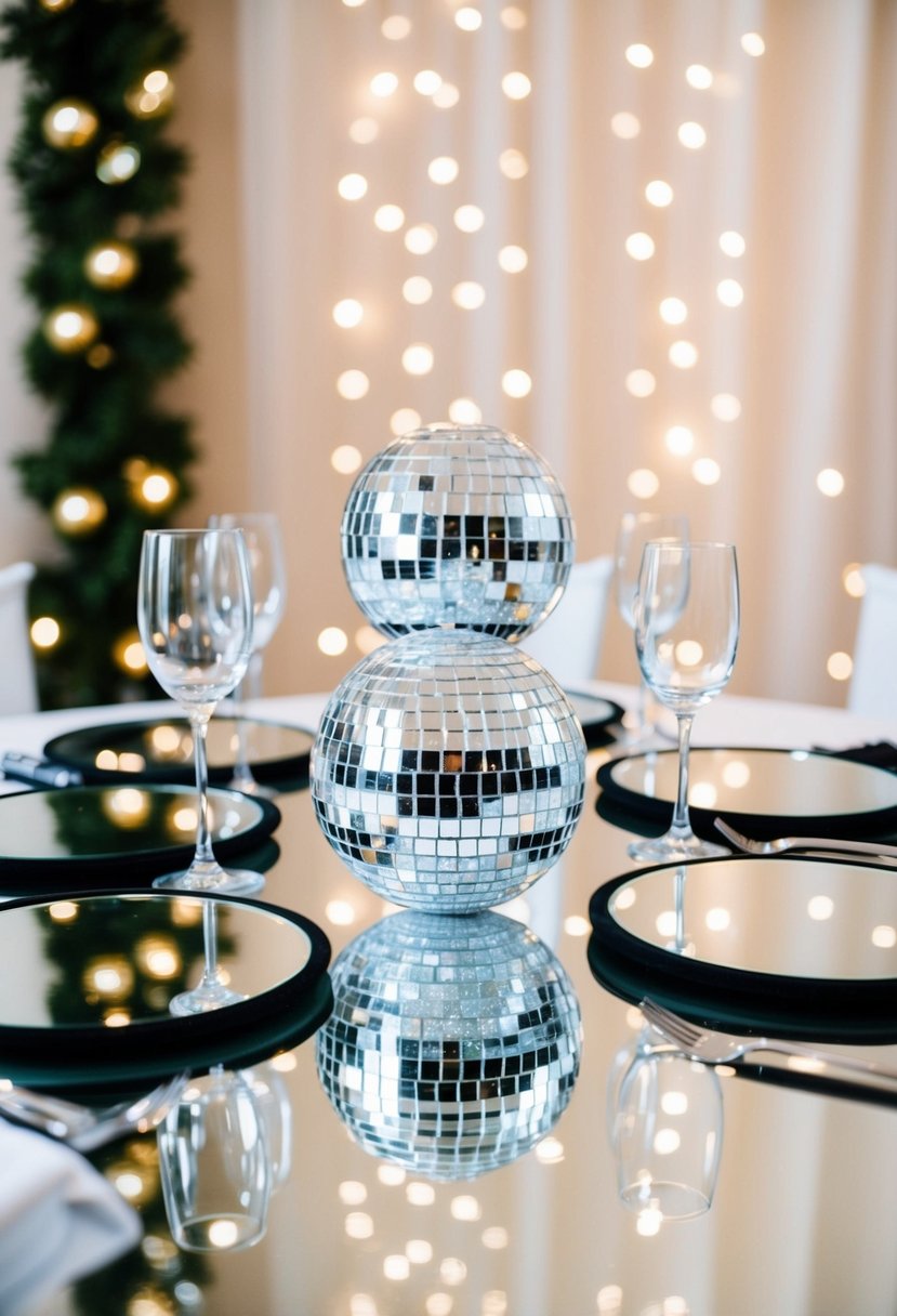 A table adorned with mirrored disco ball coasters, reflecting a glittering disco ball centerpiece