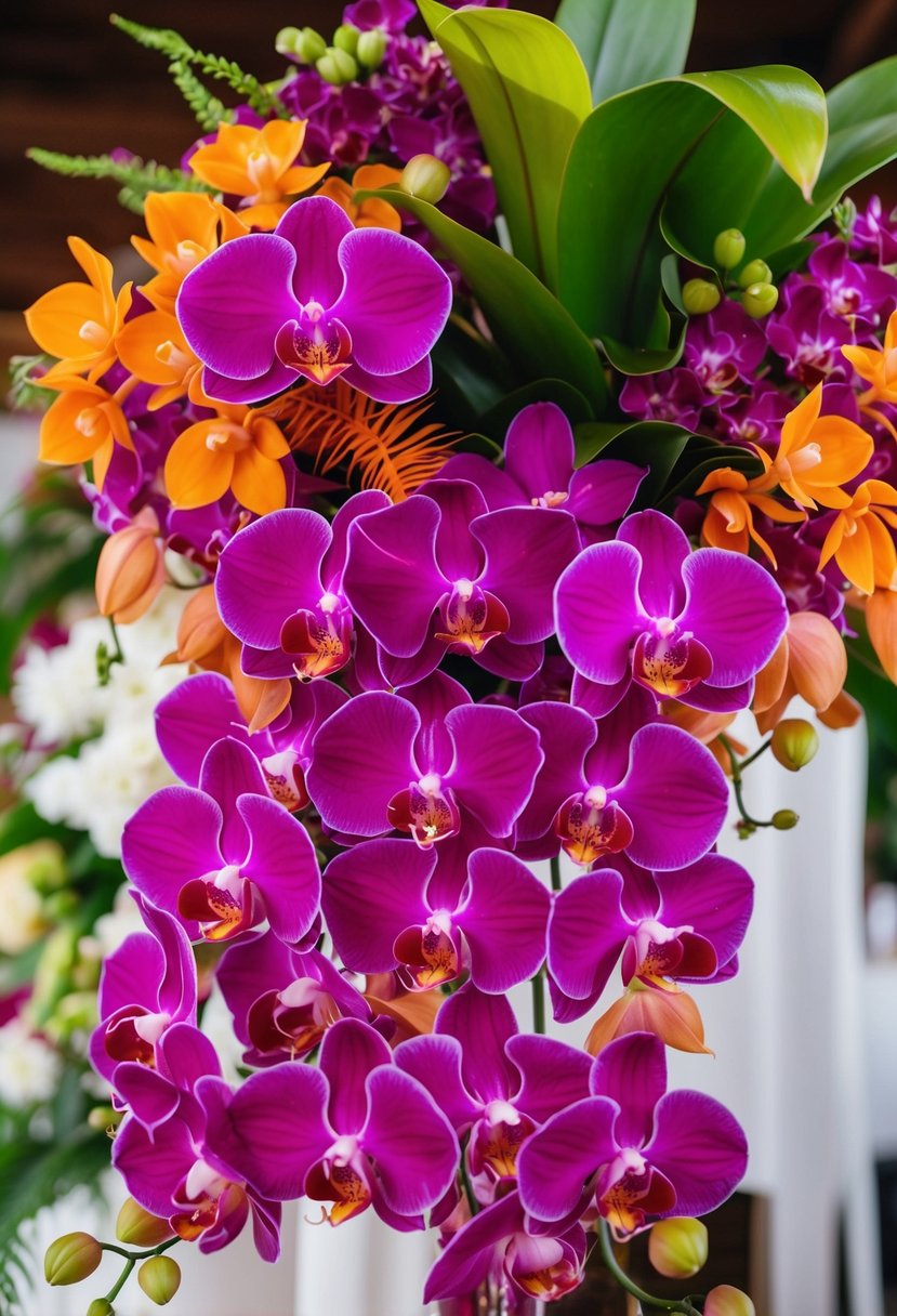 A vibrant explosion of tropical orchids, including vibrant shades of pink, purple, and orange, arranged in a lush and cascading bridal bouquet