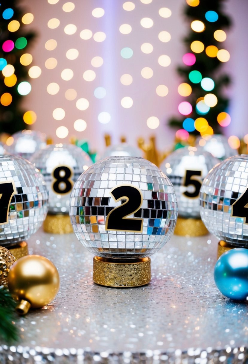 A collection of disco ball themed table numbers arranged on a glittering table, surrounded by colorful lights and other festive decorations