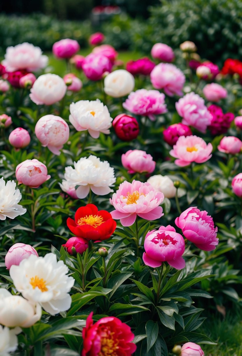 A lush garden filled with vibrant peonies in various shades of pink, white, and red, with delicate green leaves and stems