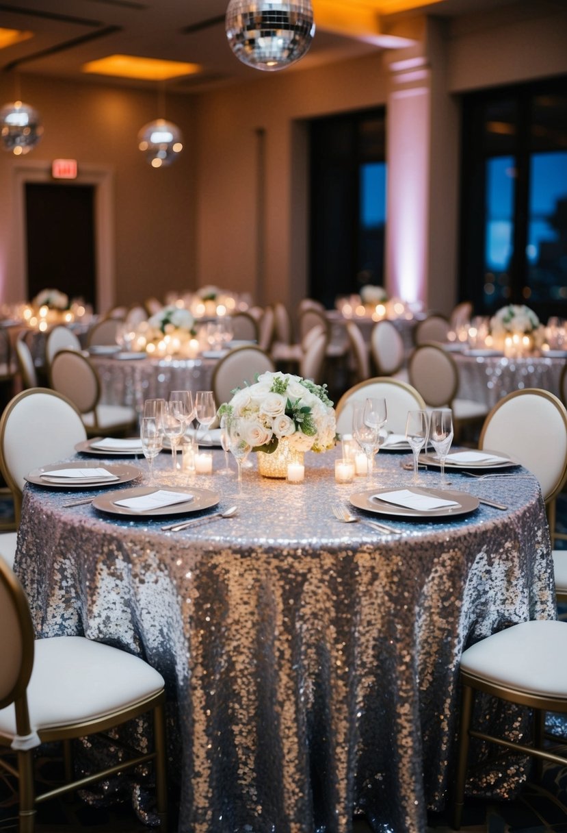 A table set with sequin tablecloths shimmering under disco ball highlights for a wedding decoration