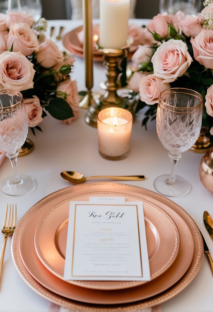 A lavish table setting with rose gold cutlery, chargers, and centerpieces of blush roses and candles