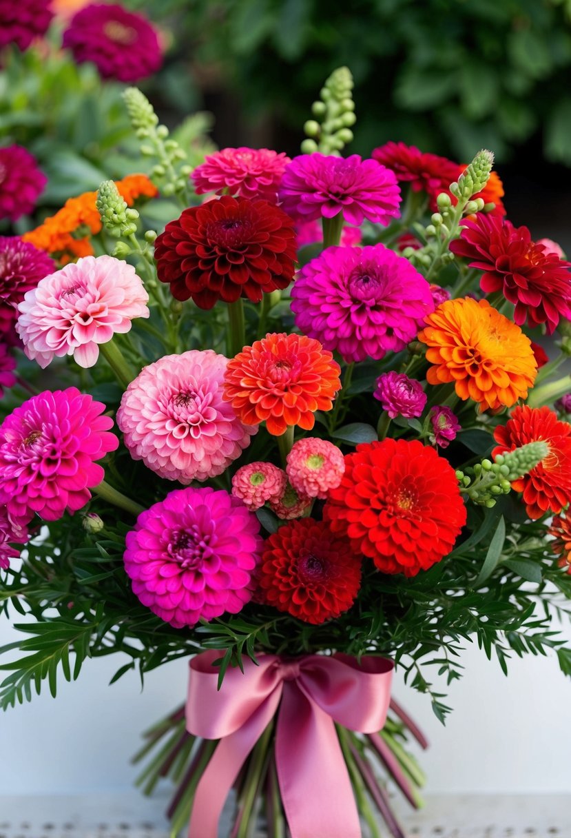 A lush bouquet of vibrant zinnias in various shades of pink, red, and orange, accented with greenery and tied with a satin ribbon