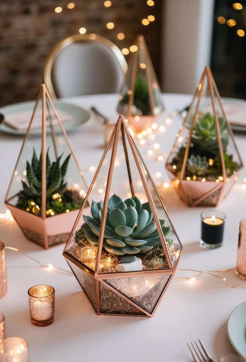 Rose gold geometric terrariums filled with succulents and fairy lights adorn a wedding reception table