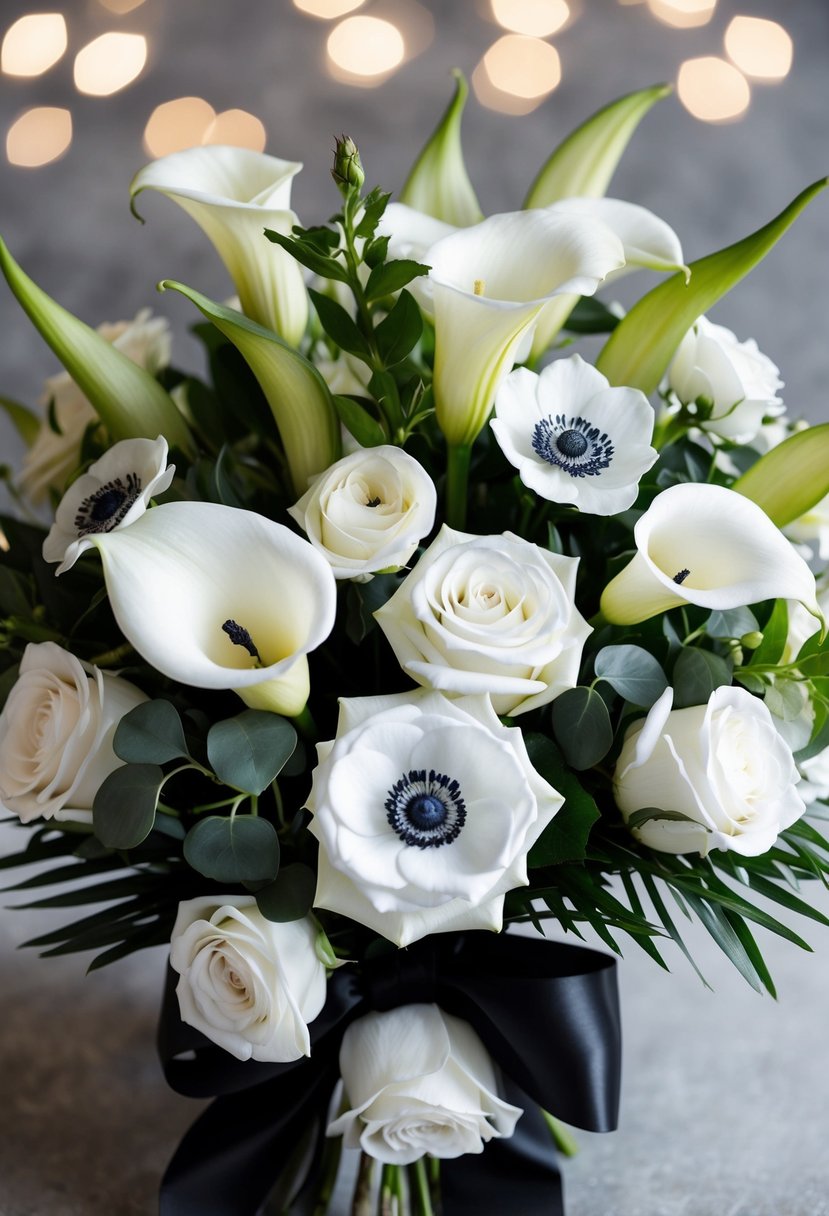 A stunning monochrome bouquet with white roses, calla lilies, and anemones, tied with a black silk ribbon