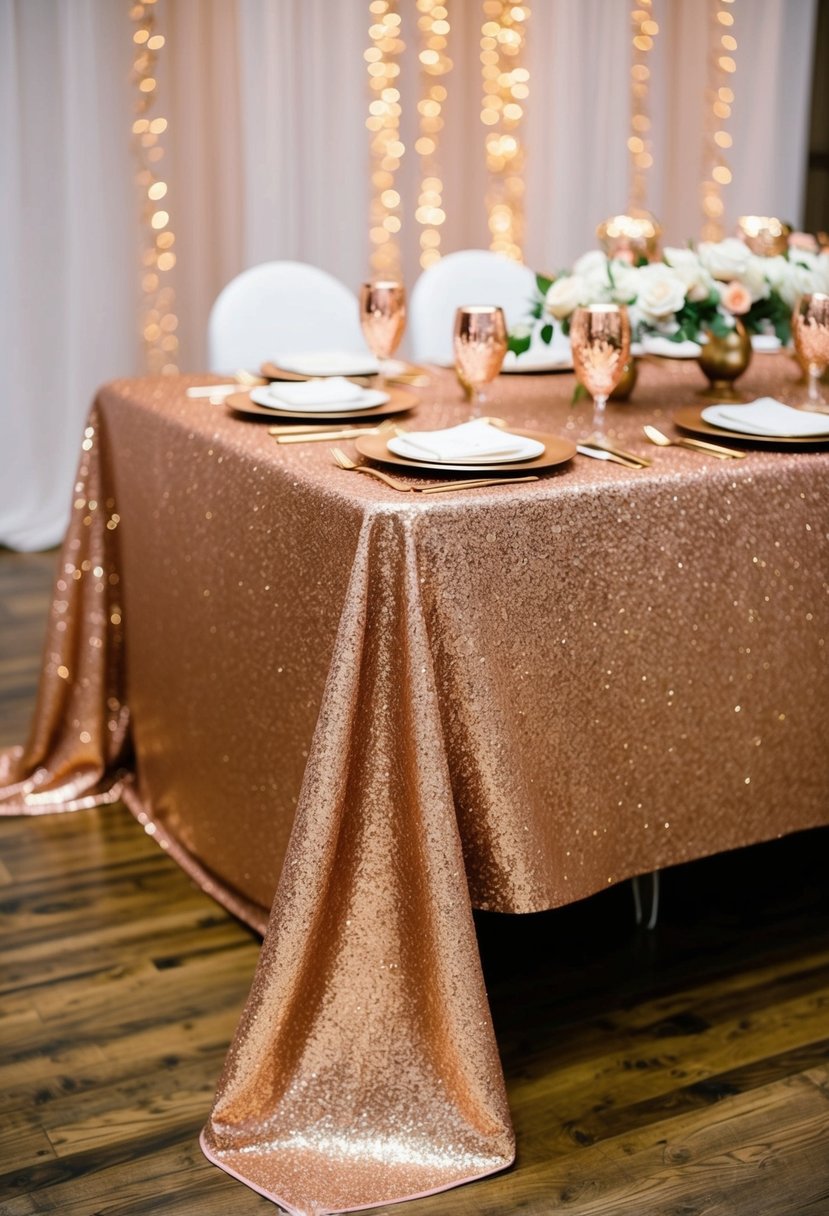 Rose gold glitter tablecloth draped over a wedding reception table, adorned with matching rose gold decorations