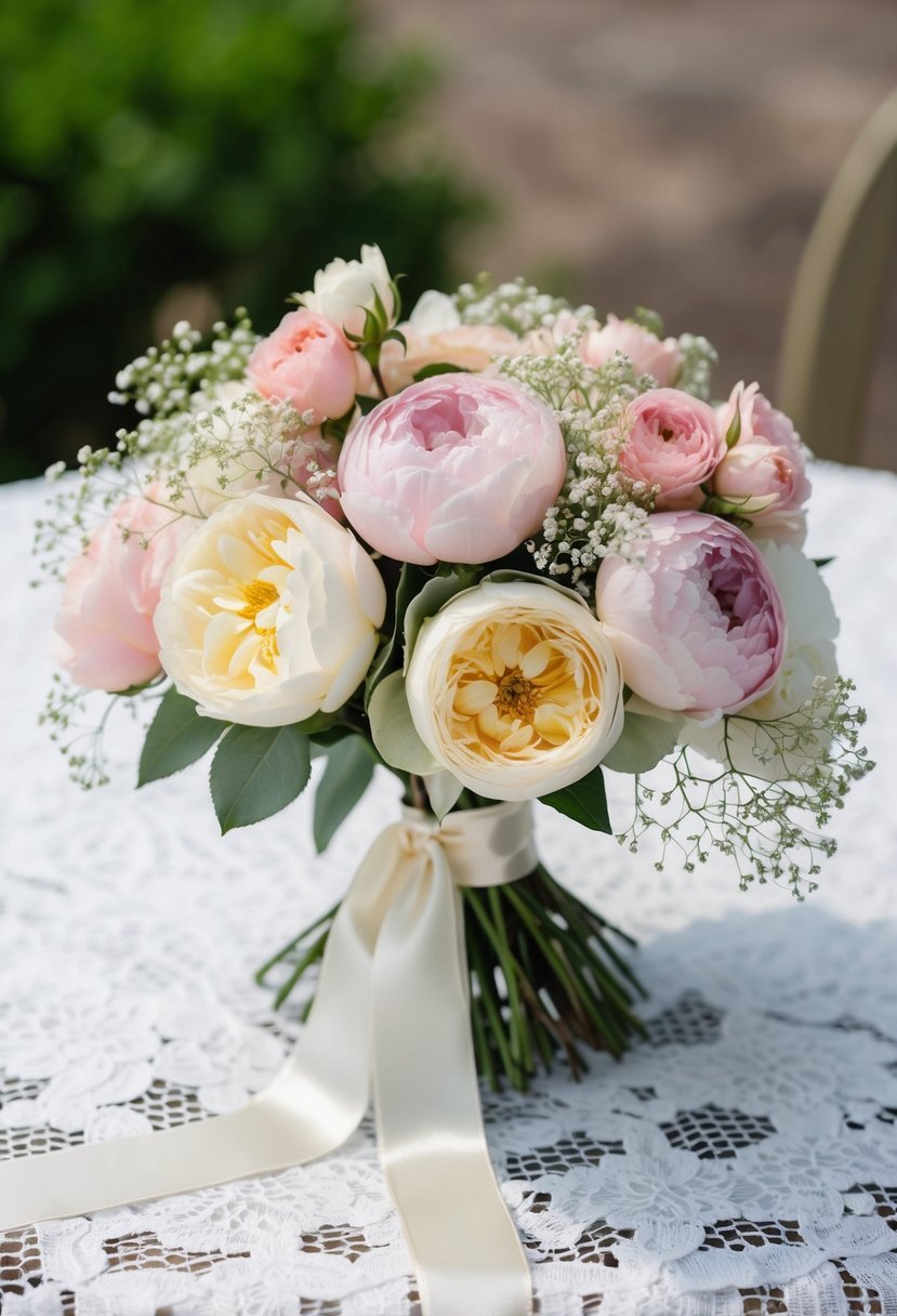 A delicate bouquet of pastel roses, peonies, and baby's breath tied with a satin ribbon, resting on a lace tablecloth