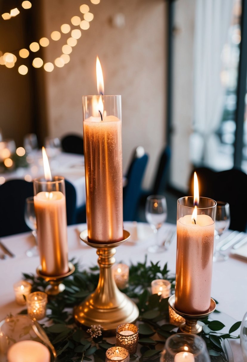 Rose gold candles float above a wedding table, casting a warm glow on the elegant decor