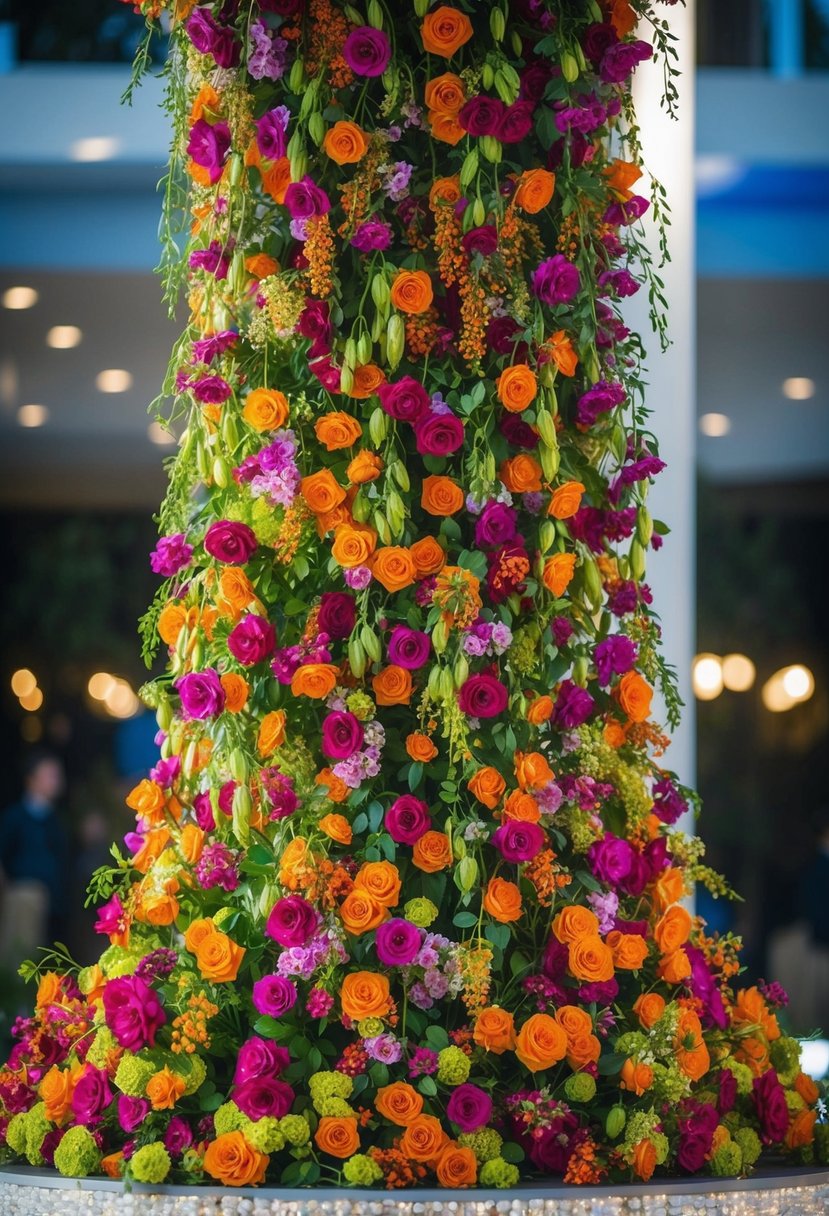 A cascading bouquet of vibrant flowers tumbling down in a dramatic display