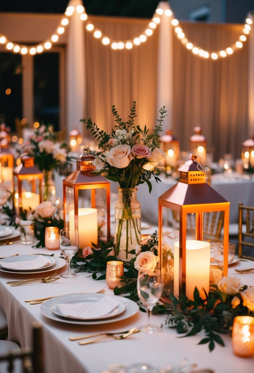 Rose gold lanterns illuminate wedding table, casting warm glow on delicate floral centerpieces