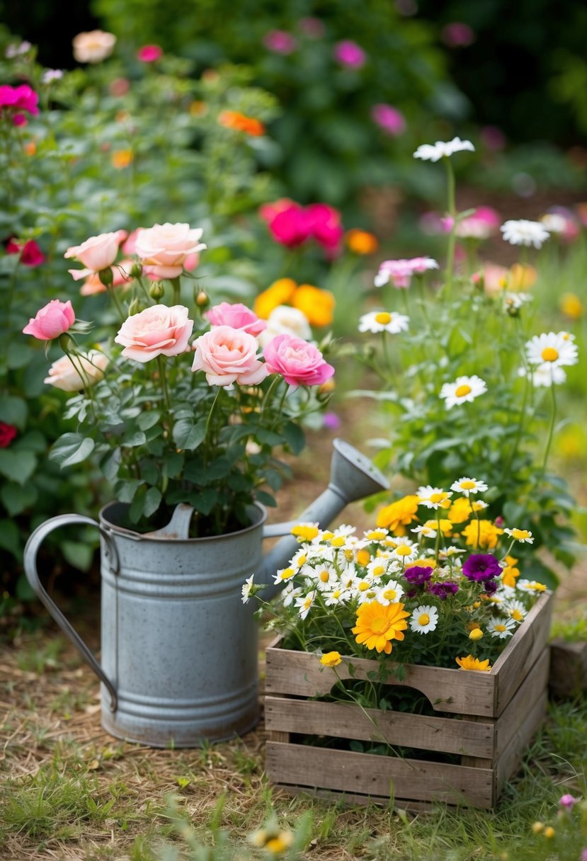 A rustic garden with blooming roses, daisies, and wildflowers. A weathered watering can and a wooden crate filled with freshly picked flowers