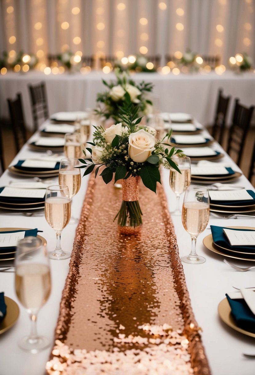 Rose gold sequin table runners shimmer on a beautifully set wedding reception table