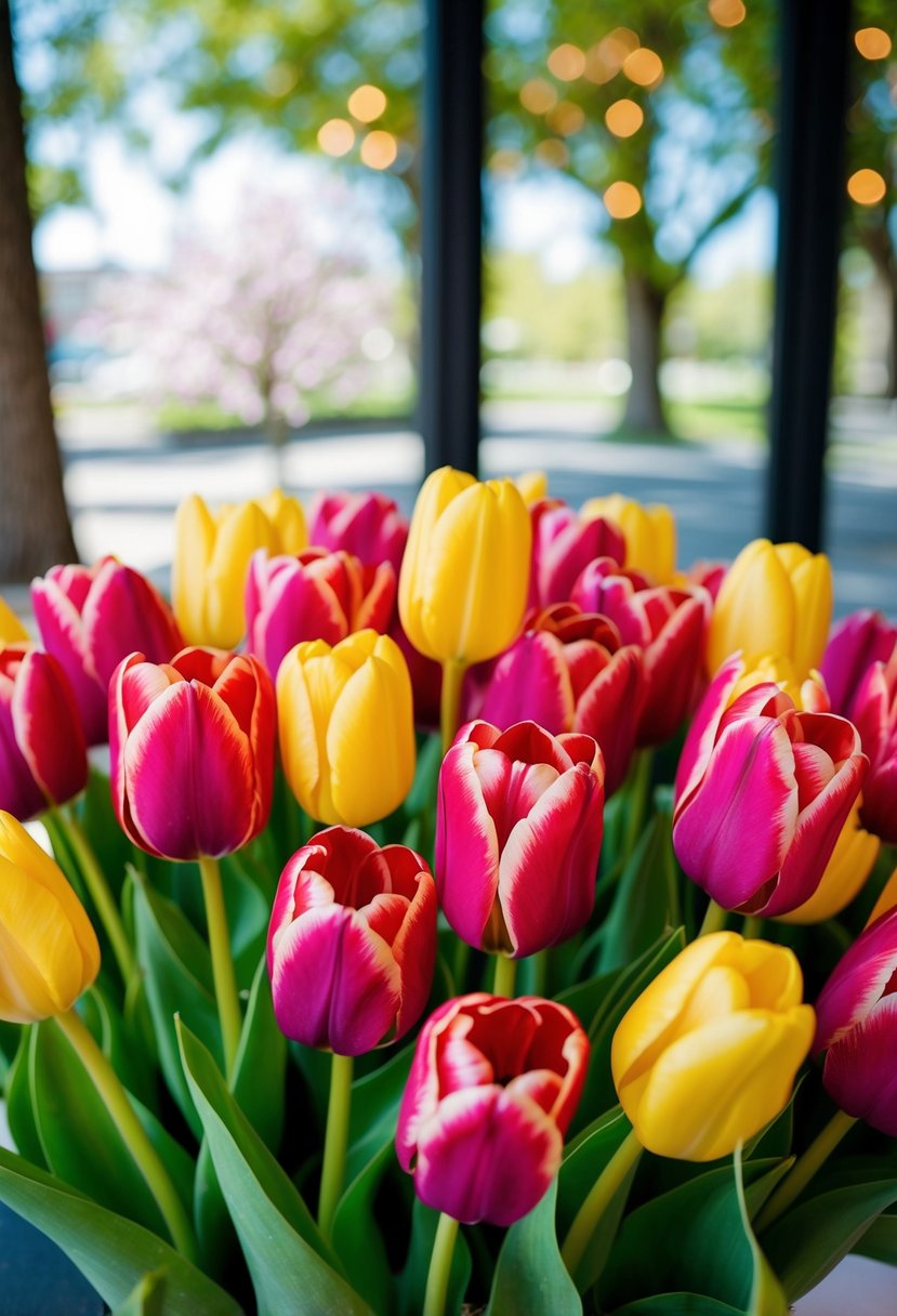 Vibrant tulips arranged in a lush, colorful bridal bouquet