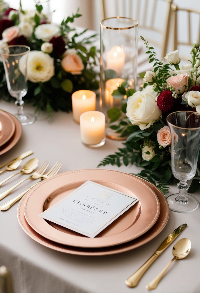 Rose gold charger plates arranged on a table with elegant floral centerpieces and soft candlelight