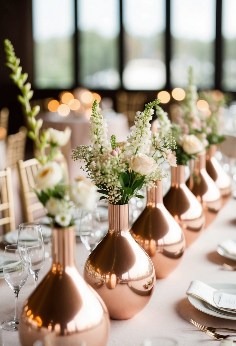 A table adorned with metallic rose gold vases, filled with delicate blooms, creating an elegant and romantic wedding centerpiece