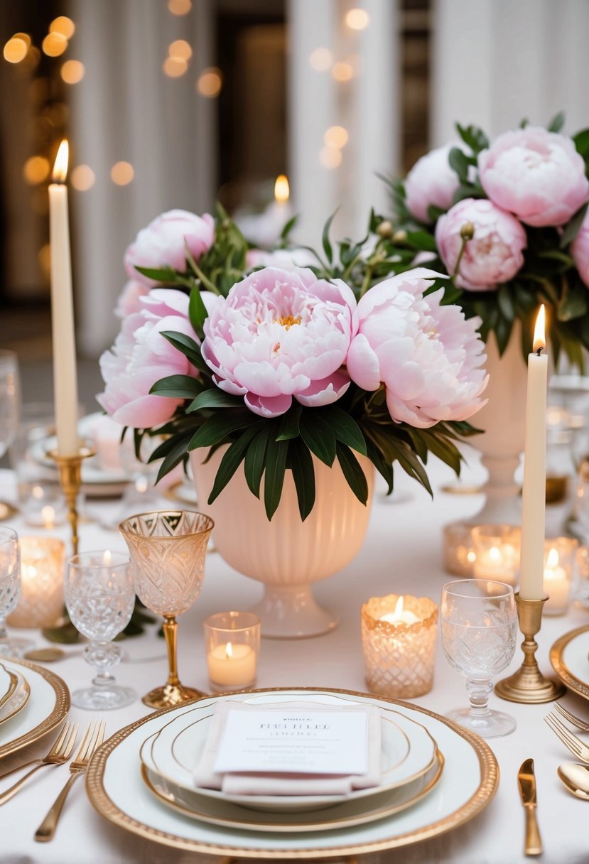 A table adorned with peony centerpieces, surrounded by delicate candles and elegant place settings