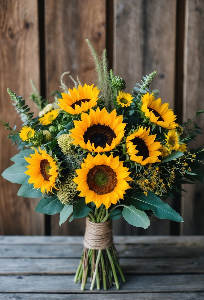 A rustic sunflower mix arranged in a bouquet with greenery and other wildflowers, set against a wooden backdrop