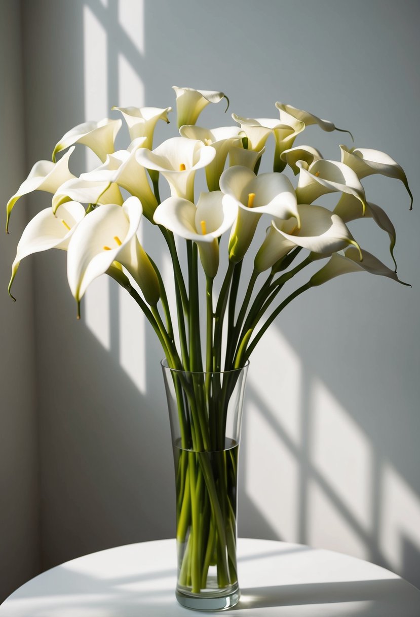 A pristine white calla lily bouquet arranged in a tall, slender vase, with soft lighting casting gentle shadows