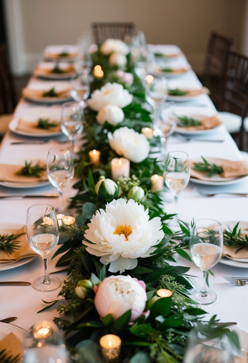 A table adorned with a lush peony and greenery table runner, creating a beautiful and elegant wedding decoration