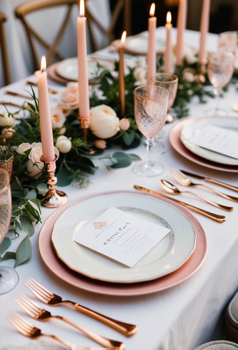 A table set with rose gold cutlery, delicate plates, and elegant centerpieces