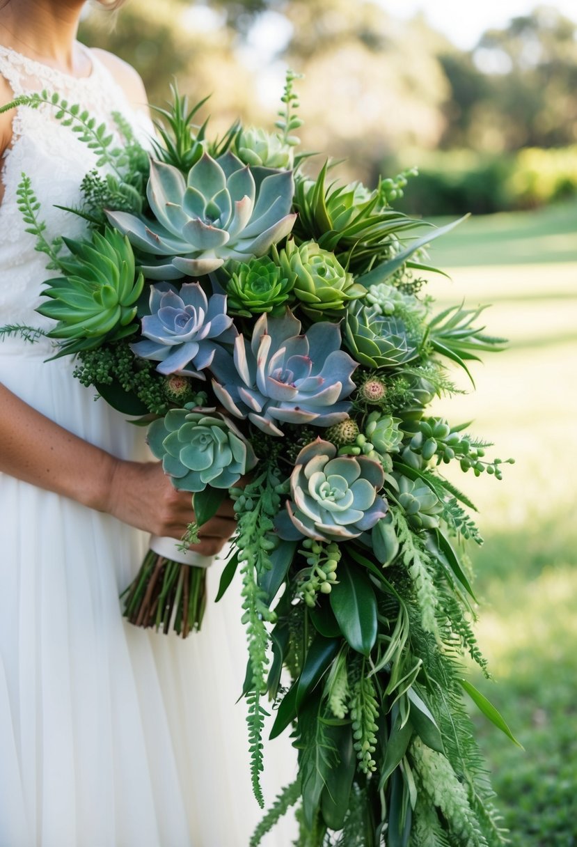 Lush greenery and succulents arranged in a cascading wedding bouquet