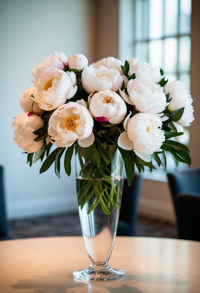 A tall, slender glass vase holds a lush arrangement of white peonies, their delicate petals spilling over the rim in an elegant display