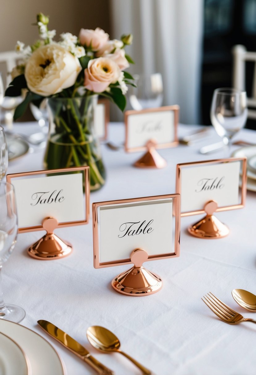 Rose gold table card holders arranged on a white linen tablecloth with floral centerpieces and elegant place settings