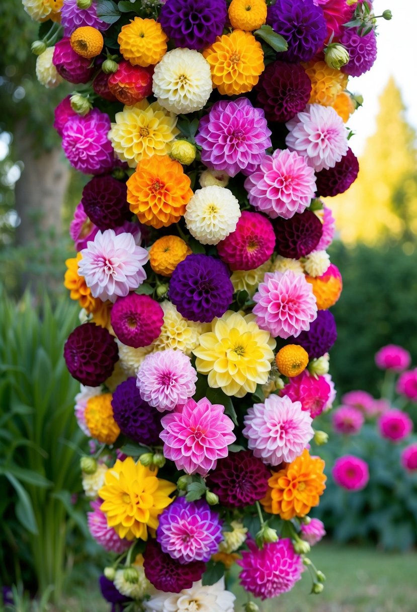 A mix of colorful and whimsical dahlias arranged in a cascading bouquet