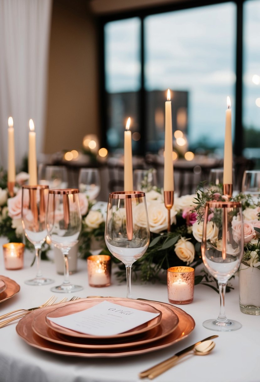 Rose gold-rimmed glassware arranged on a wedding table with floral centerpieces and candlelight