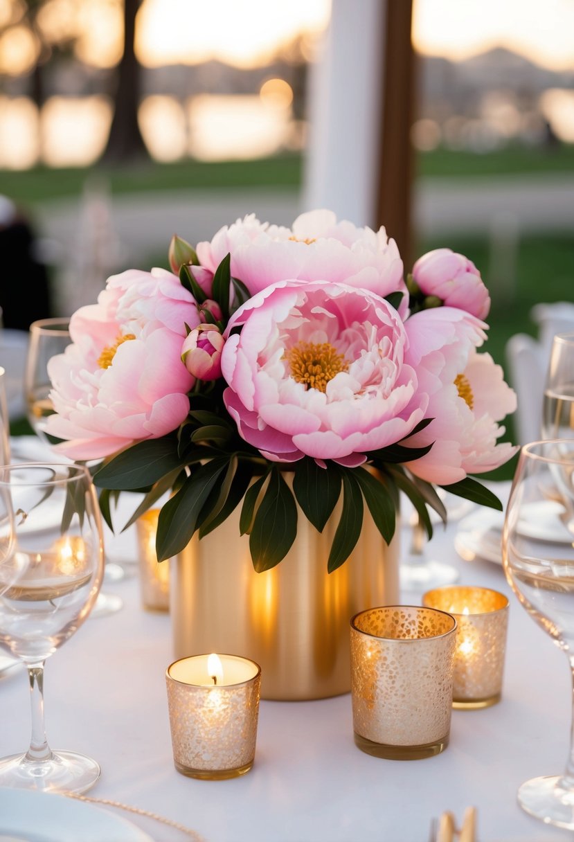 A pink peony and gold candle centerpiece adorns a wedding table, creating a romantic and elegant atmosphere