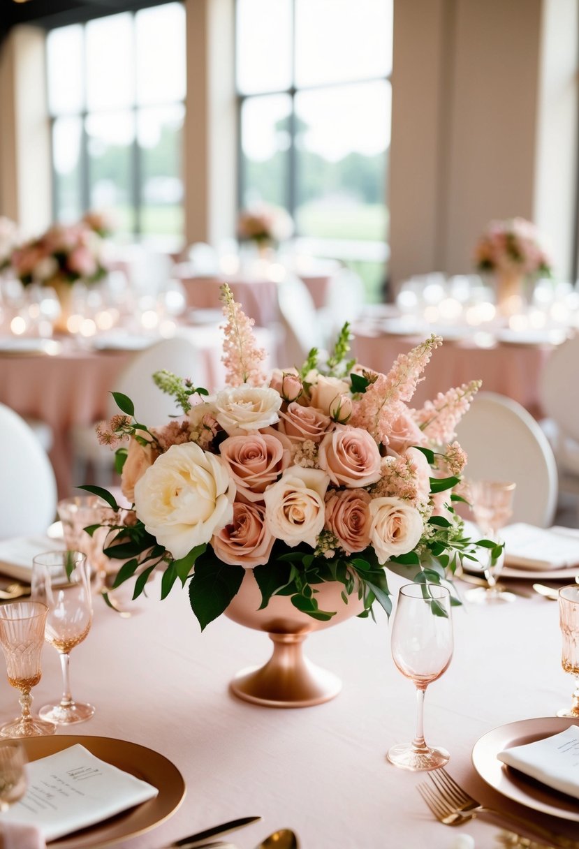 Blush and rose gold floral centerpieces adorn wedding tables